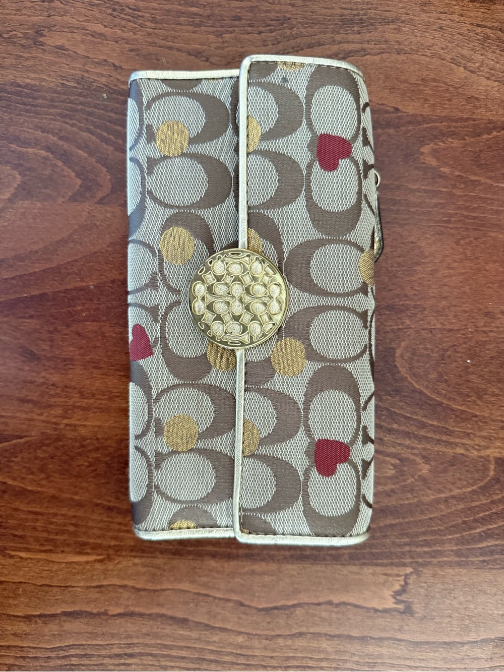 Coach Wallet with Red Hearts and Gold Dots
